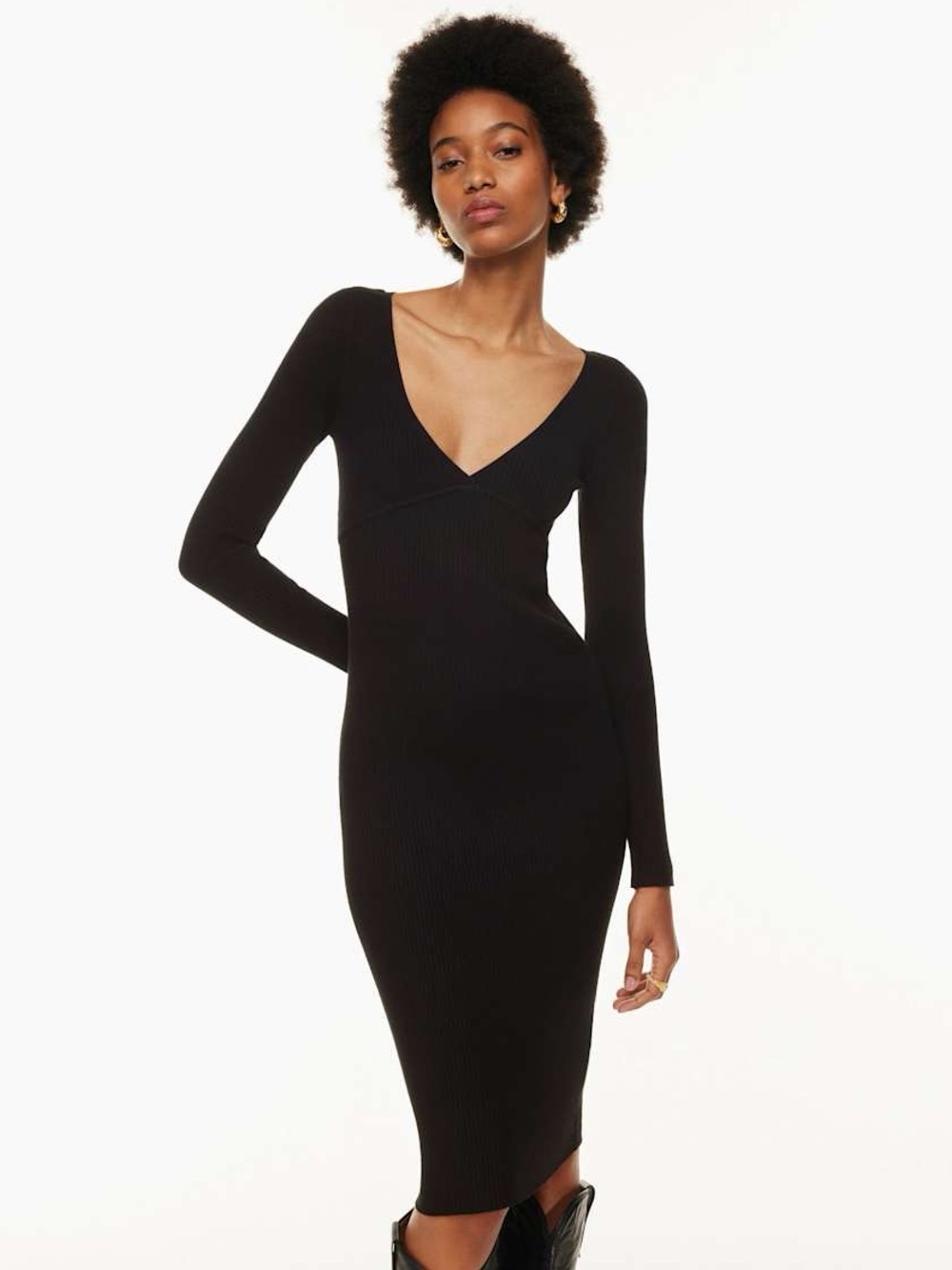 Aritzia Wilfred Gabrielle Dress Black Ribbed Knit V Neck Long Sleeve Midi Sz 2XL